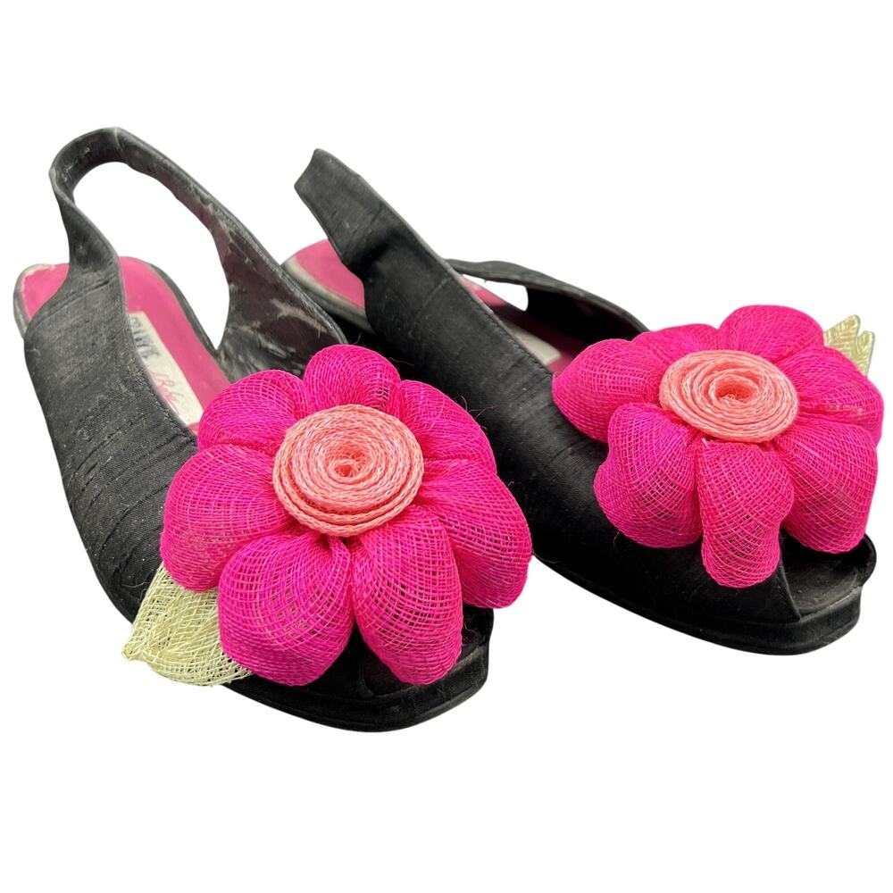 Franco Sarto 6.5 Black Slingback Flats Pink Flower Toe Preppy Statement Dressy